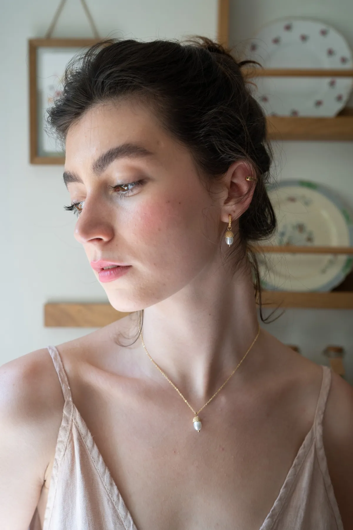Earrings-Fable England Acorn Pearl Hoops