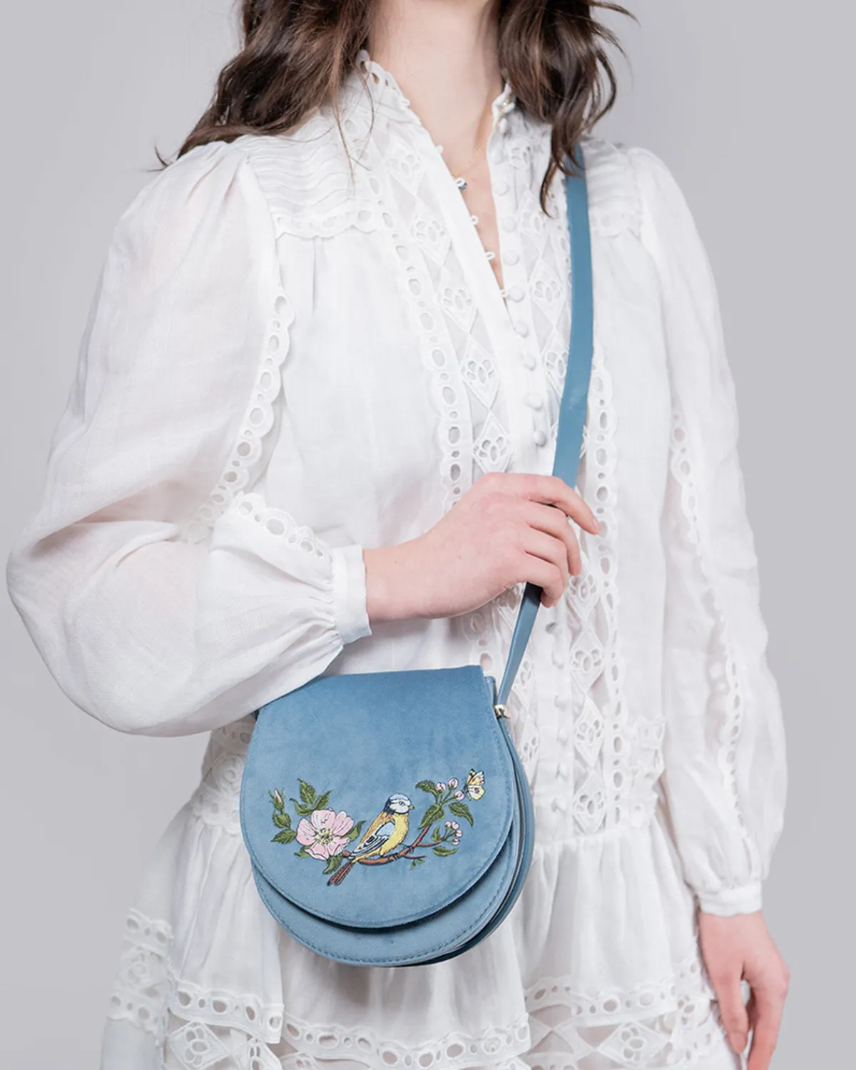 Cross Body Bags|Embroidered Bags-Fable England Blue Tit Saddle Purse
