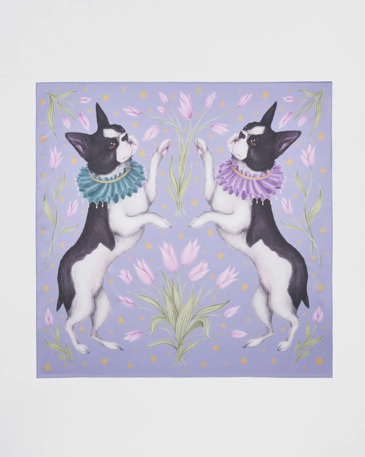 Square Scarves|Luxury Scarves-Fable England Catherine Rowe Pet Portraits Frenchie Lavender Silk Square Scarf
