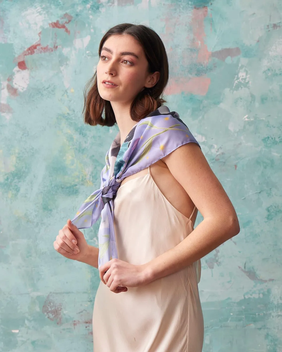 Square Scarves|Luxury Scarves-Fable England Catherine Rowe Pet Portraits Frenchie Lavender Silk Square Scarf