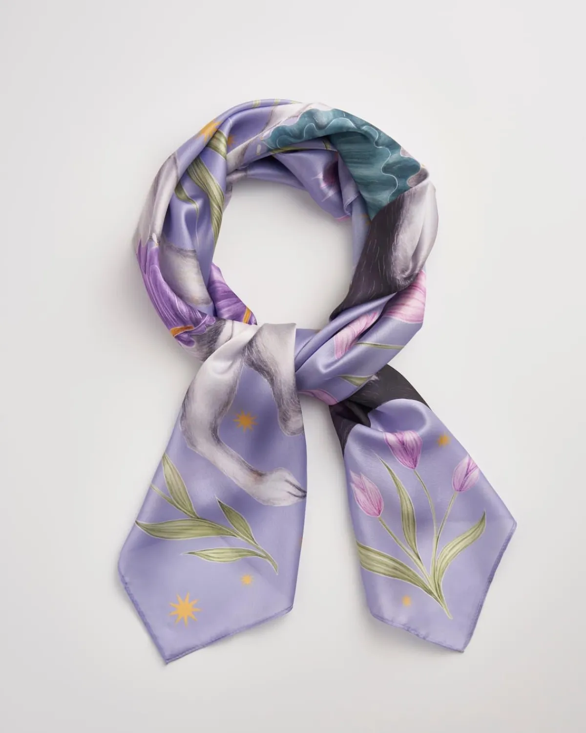 Square Scarves|Luxury Scarves-Fable England Catherine Rowe Pet Portraits Frenchie Lavender Silk Square Scarf