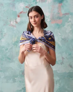 Luxury Scarves-Fable England Catherine Rowe Pet Portraits Whippet Blue Silk Square Scarf