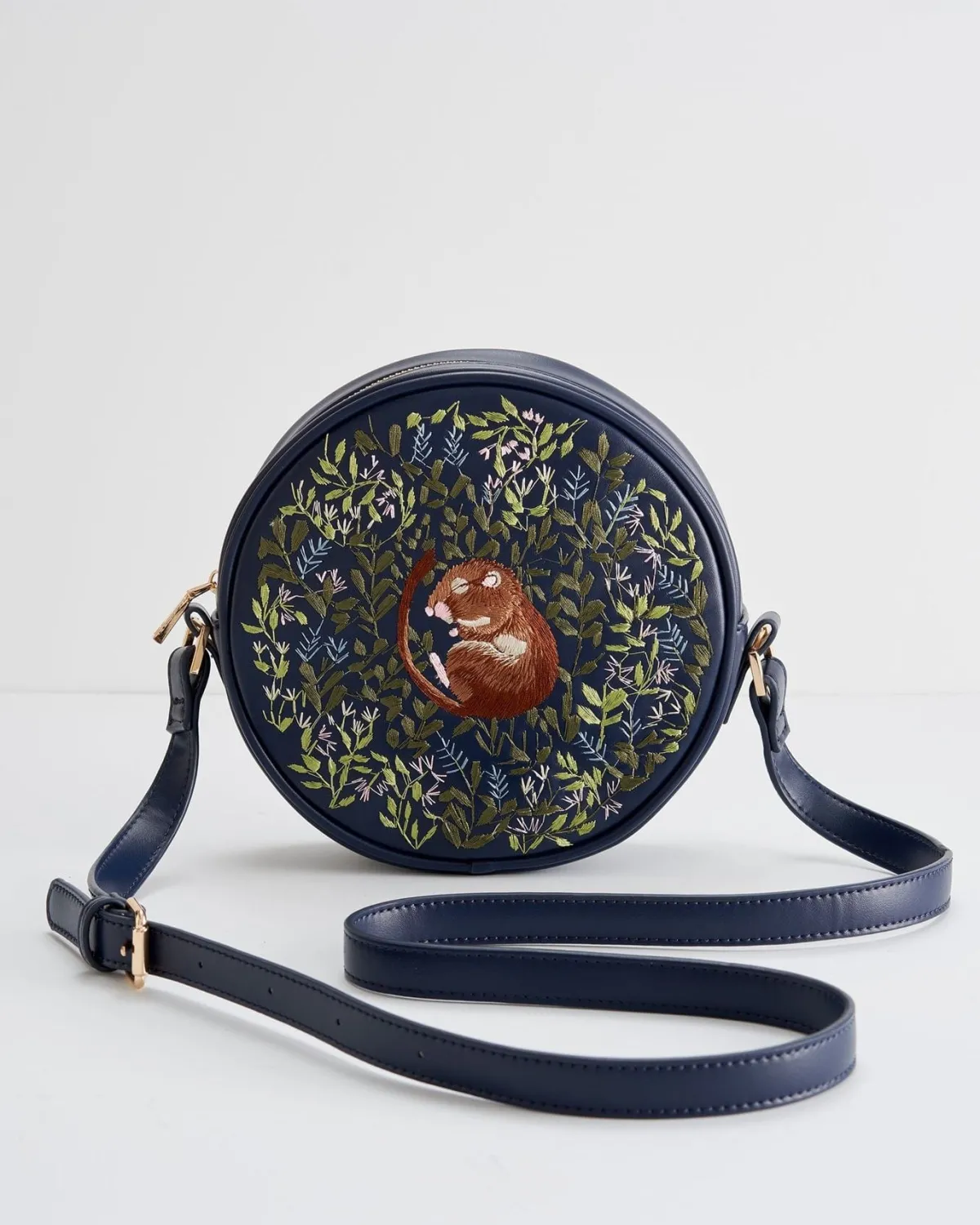 Cross Body Bags|Embroidered Bags-Fable England Chloe Giordani Dormouse Embroidered Round Saddle Bag - Navy