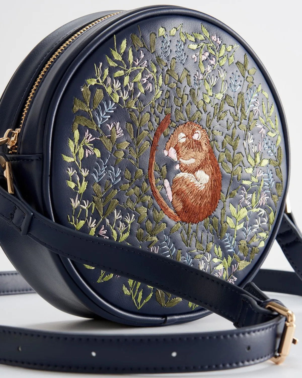 Cross Body Bags|Embroidered Bags-Fable England Chloe Giordani Dormouse Embroidered Round Saddle Bag - Navy