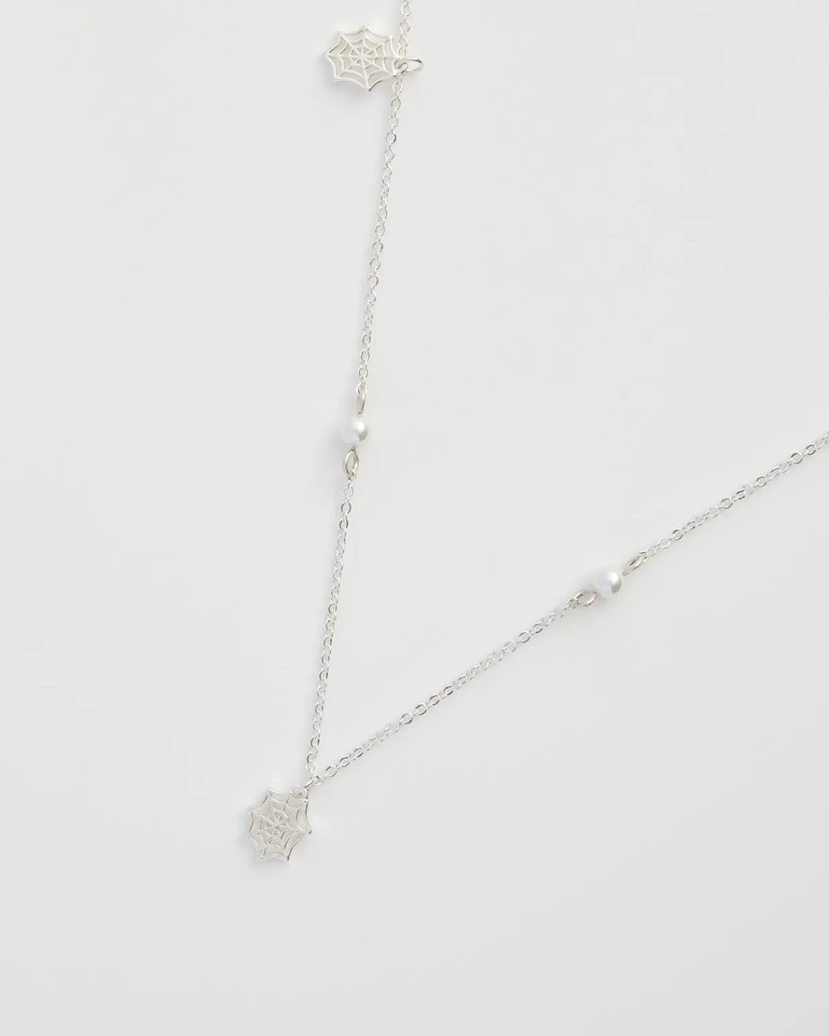 Silver Jewelry|Necklaces-Fable England Cobweb & Pearl Necklace Silver
