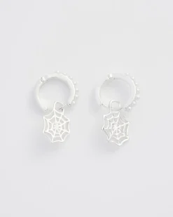 Silver Jewelry|Earrings-Fable England Cobweb Huggie Earrings Silver
