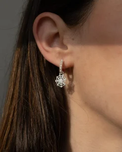 Silver Jewelry|Earrings-Fable England Cobweb Huggie Earrings Silver