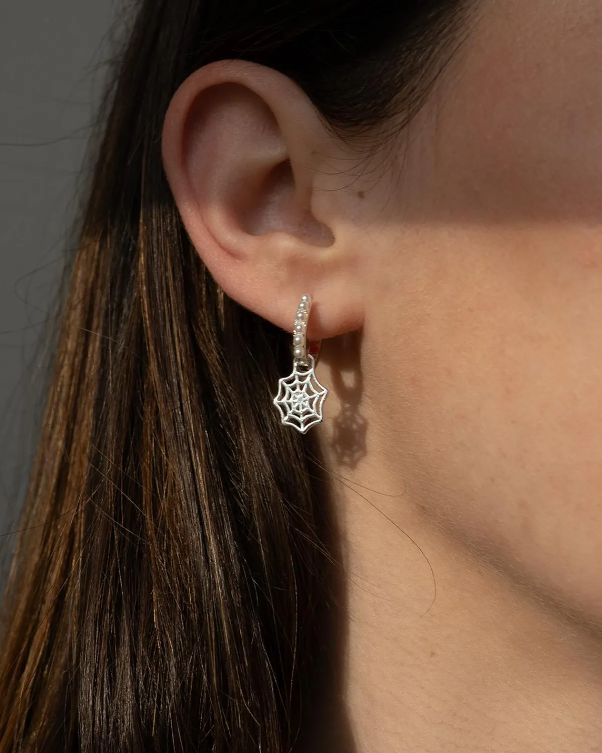Silver Jewelry|Earrings-Fable England Cobweb Huggie Earrings Silver