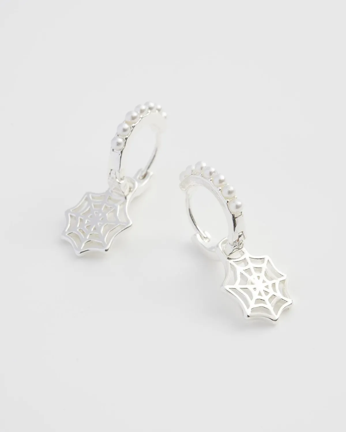 Silver Jewelry|Earrings-Fable England Cobweb Huggie Earrings Silver