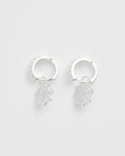 Silver Jewelry|Earrings-Fable England Cobweb Huggie Earrings Silver