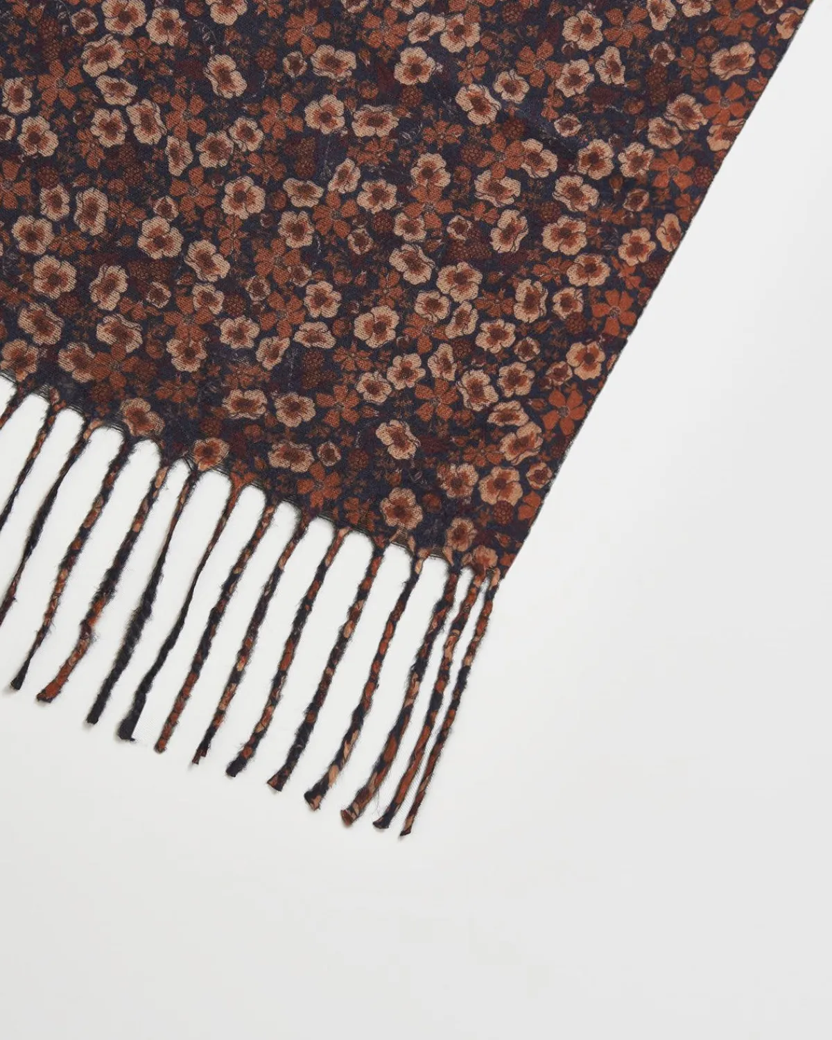 Winter Scarves-Fable England Deco Bloom Brown Ditsy Scarf with Tassels