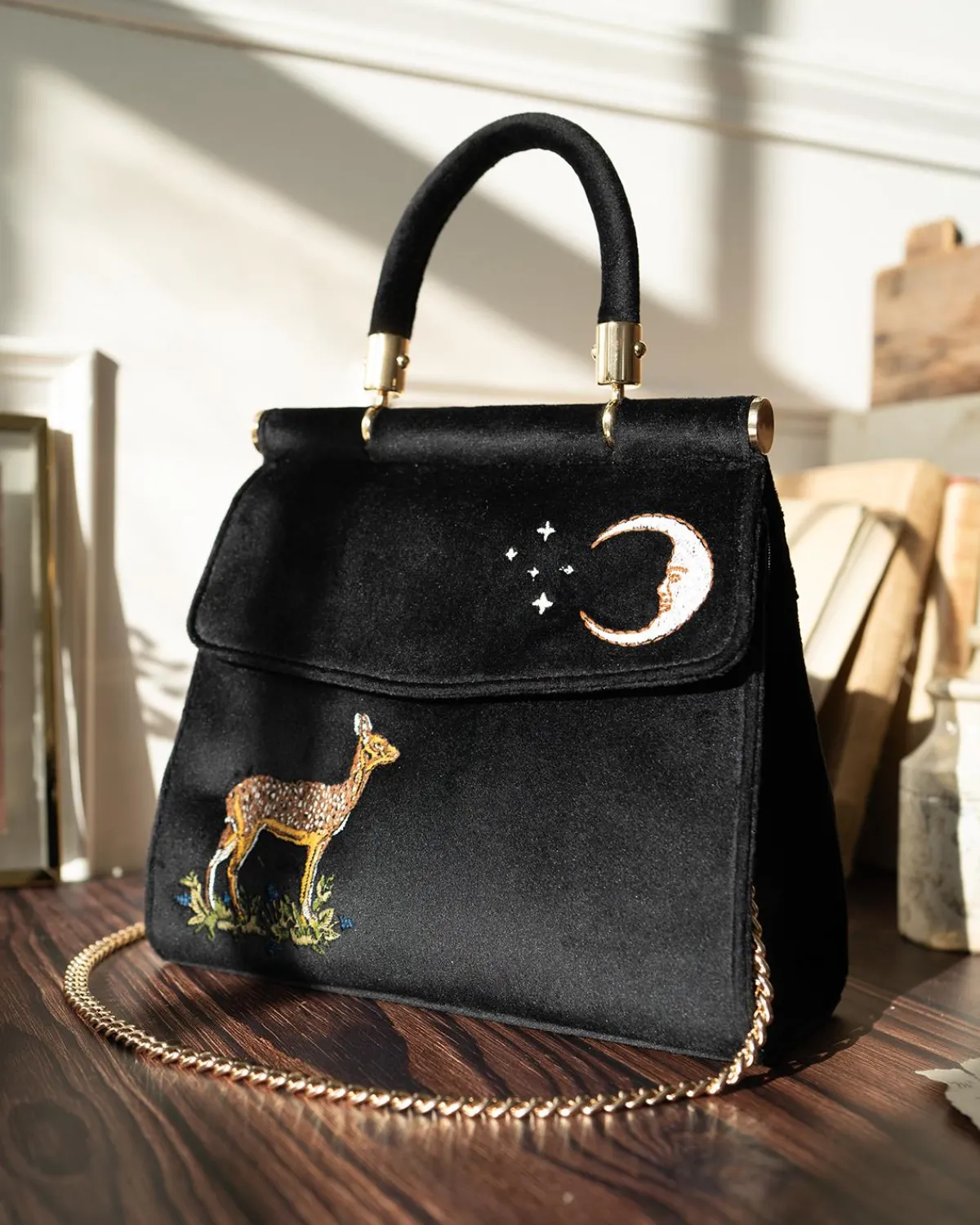Bracelets & Bangles|Cross Body Bags-Fable England Deer & Moon Embroidered Black Velvet Tote