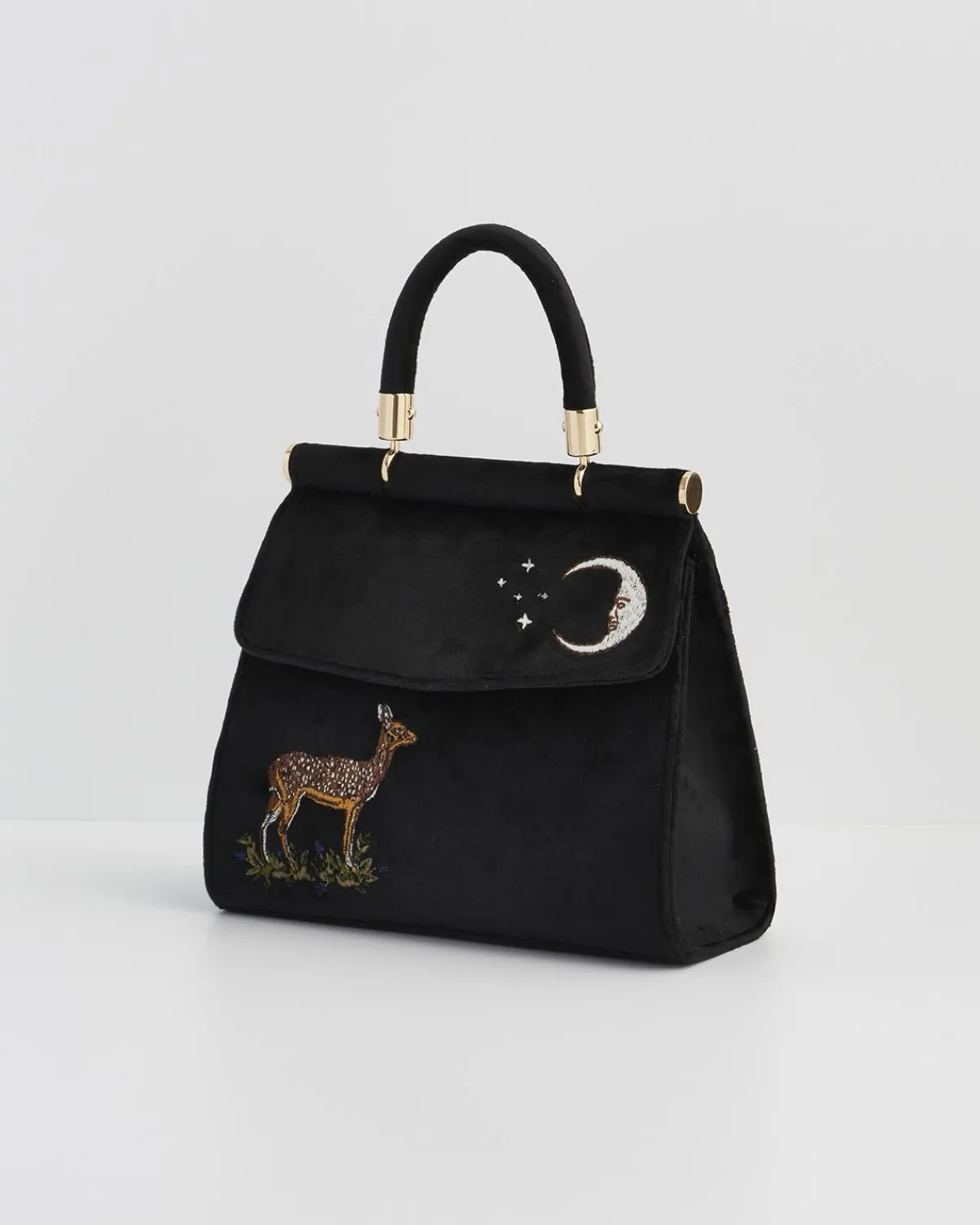 Bracelets & Bangles|Cross Body Bags-Fable England Deer & Moon Embroidered Black Velvet Tote