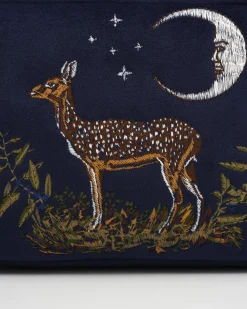 Makeup Bags-Fable England Deer & Moon Embroidered Pouch Blueberry Velvet