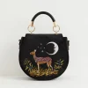 Cross Body Bags|Embroidered Bags-Fable England Deer & Moon Velvet - Embroidered Saddle Bag Black