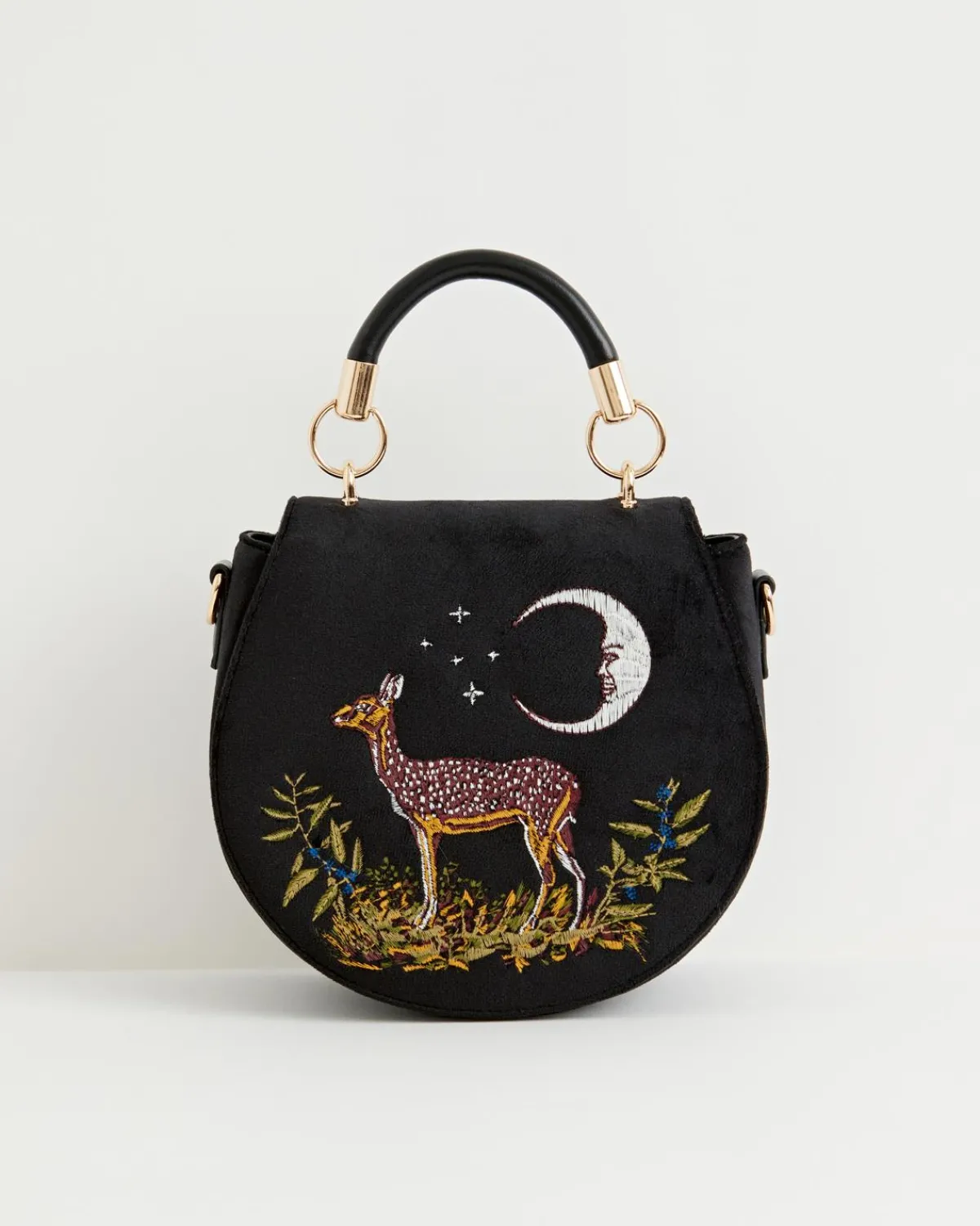 Cross Body Bags|Embroidered Bags-Fable England Deer & Moon Velvet - Embroidered Saddle Bag Black