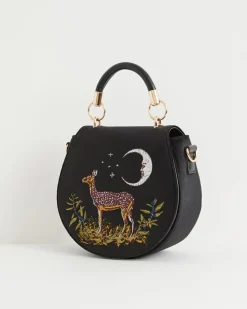 Cross Body Bags|Embroidered Bags-Fable England Deer & Moon Velvet - Embroidered Saddle Bag Black