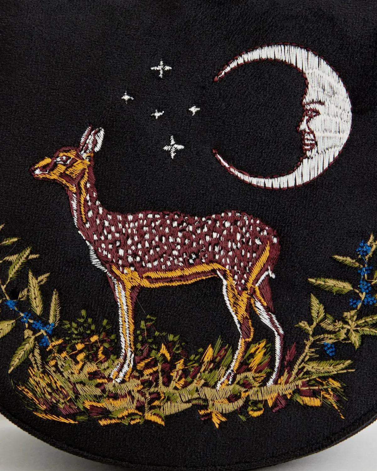 Cross Body Bags|Embroidered Bags-Fable England Deer & Moon Velvet - Embroidered Saddle Bag Black