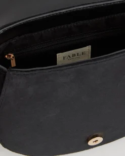 Cross Body Bags|Embroidered Bags-Fable England Deer & Moon Velvet - Embroidered Saddle Bag Black