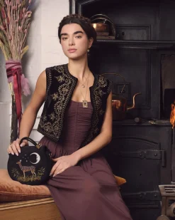 Cross Body Bags|Embroidered Bags-Fable England Deer & Moon Velvet - Embroidered Saddle Bag Black