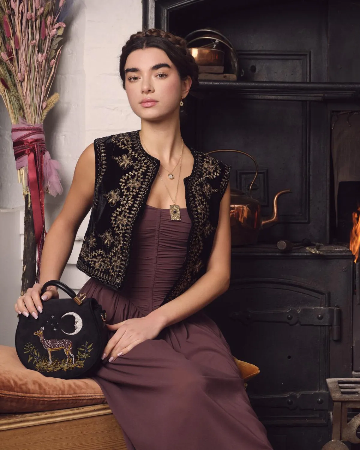 Cross Body Bags|Embroidered Bags-Fable England Deer & Moon Velvet - Embroidered Saddle Bag Black