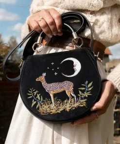 Cross Body Bags|Embroidered Bags-Fable England Deer & Moon Velvet - Embroidered Saddle Bag Black