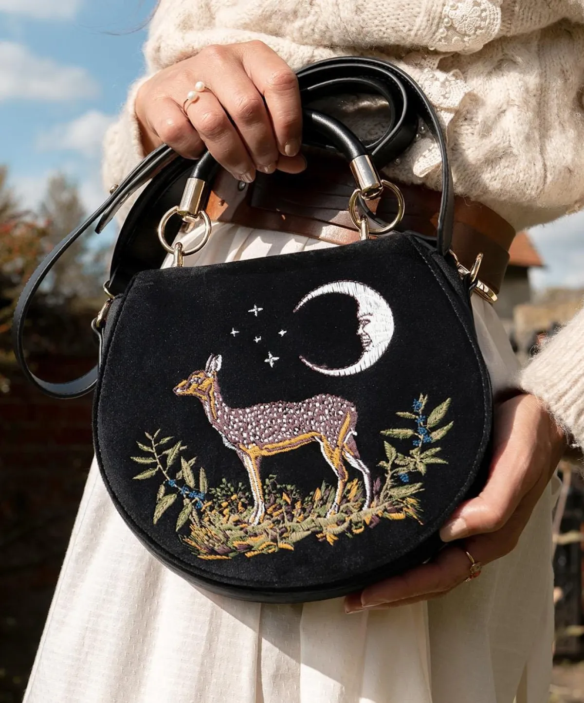 Cross Body Bags|Embroidered Bags-Fable England Deer & Moon Velvet - Embroidered Saddle Bag Black