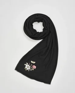 Winter Scarves-Fable England Ditsy Embroidered Pashmina Black Scarf