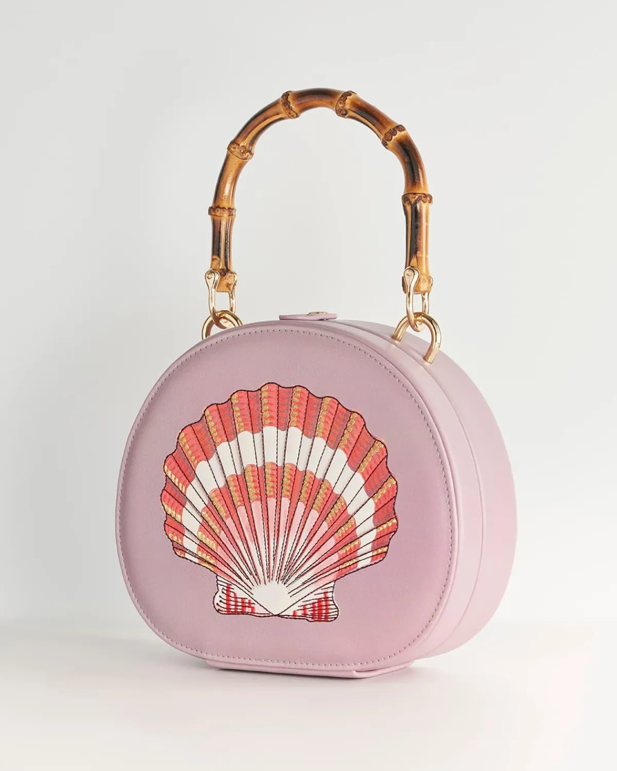 Clutch & Evening Bags|Tote Bags-Fable England Embroiderd Shell Lilac Bamboo Top Handle Bag