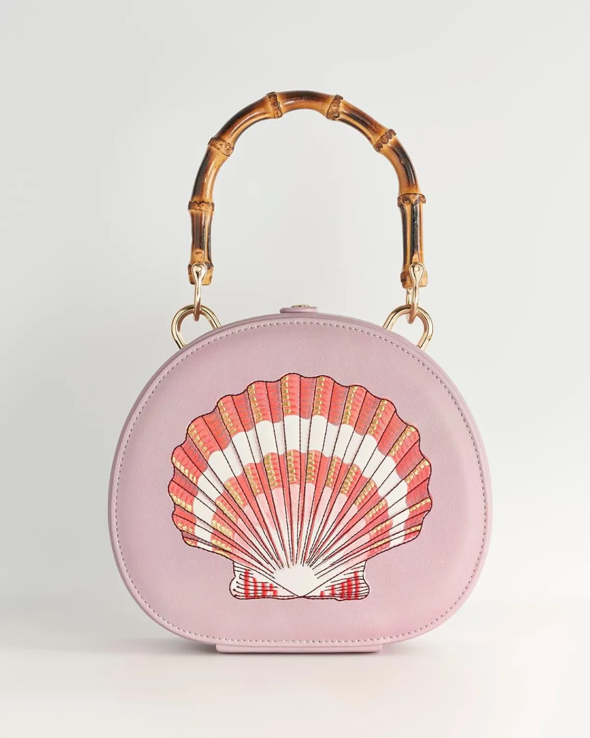 Clutch & Evening Bags|Tote Bags-Fable England Embroiderd Shell Lilac Bamboo Top Handle Bag