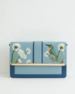 Embroidered Bags-Fable England Embroidered Kingfisher Blue Cross Body Bag