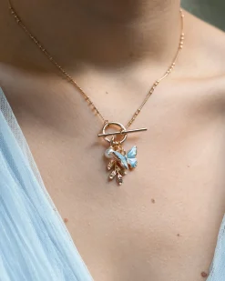 Necklaces-Fable England Enamel Blue Butterfly & Leaf Charm Necklace