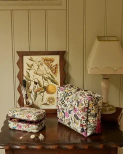 Toiletry Bags|Pouches-Fable England Floral Engravings Velvet Printed Large Cosmetic Bag