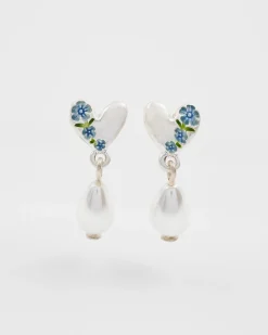 Silver Jewelry|Earrings-Fable England Forget Me Not Heart & Pearl Silver Earrings