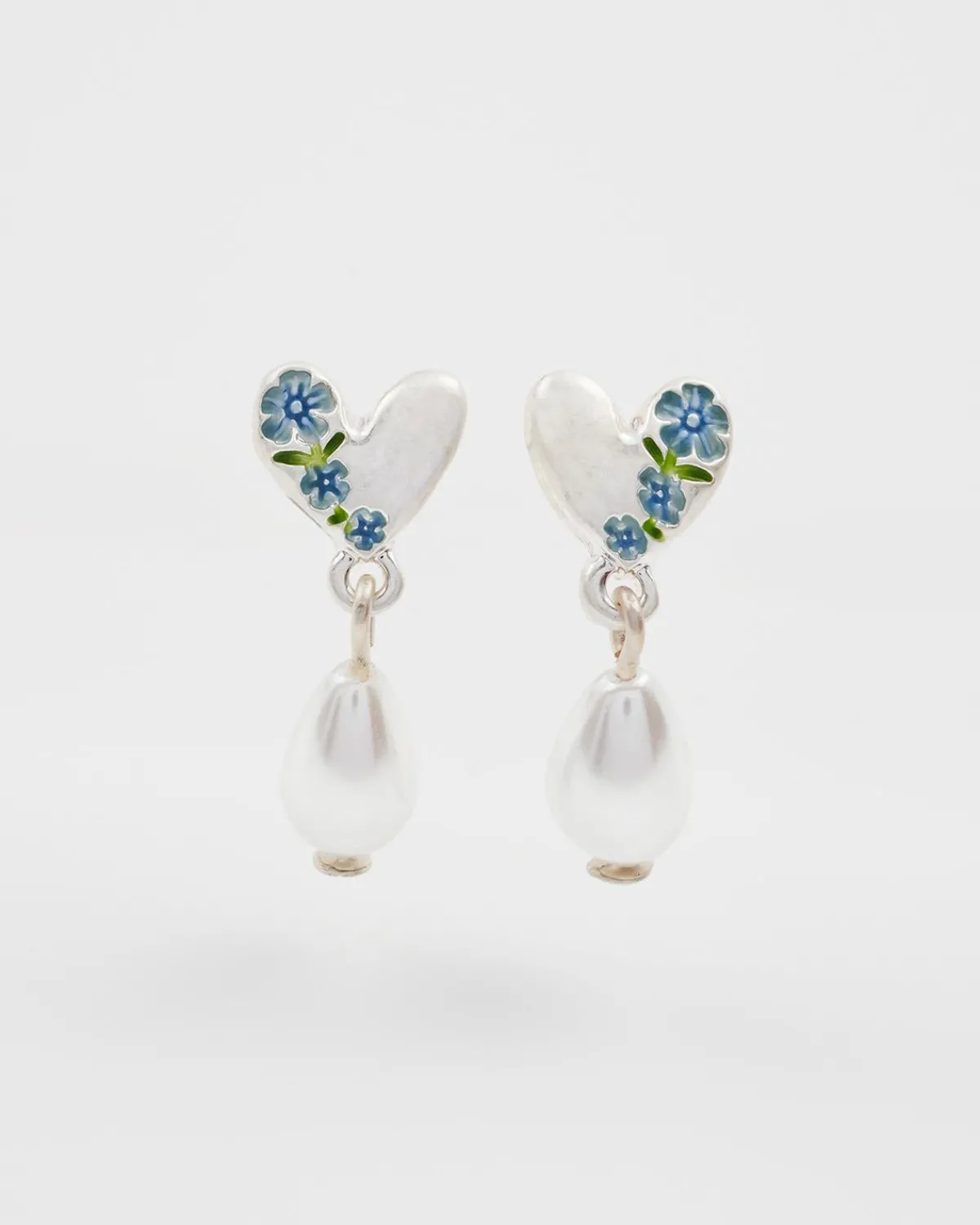 Silver Jewelry|Earrings-Fable England Forget Me Not Heart & Pearl Silver Earrings