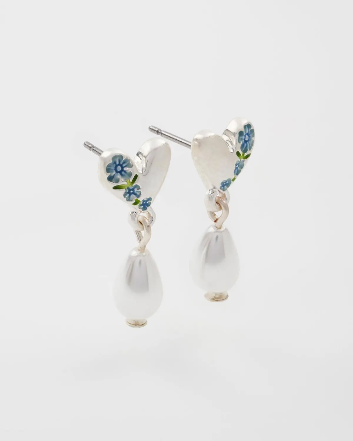 Silver Jewelry|Earrings-Fable England Forget Me Not Heart & Pearl Silver Earrings