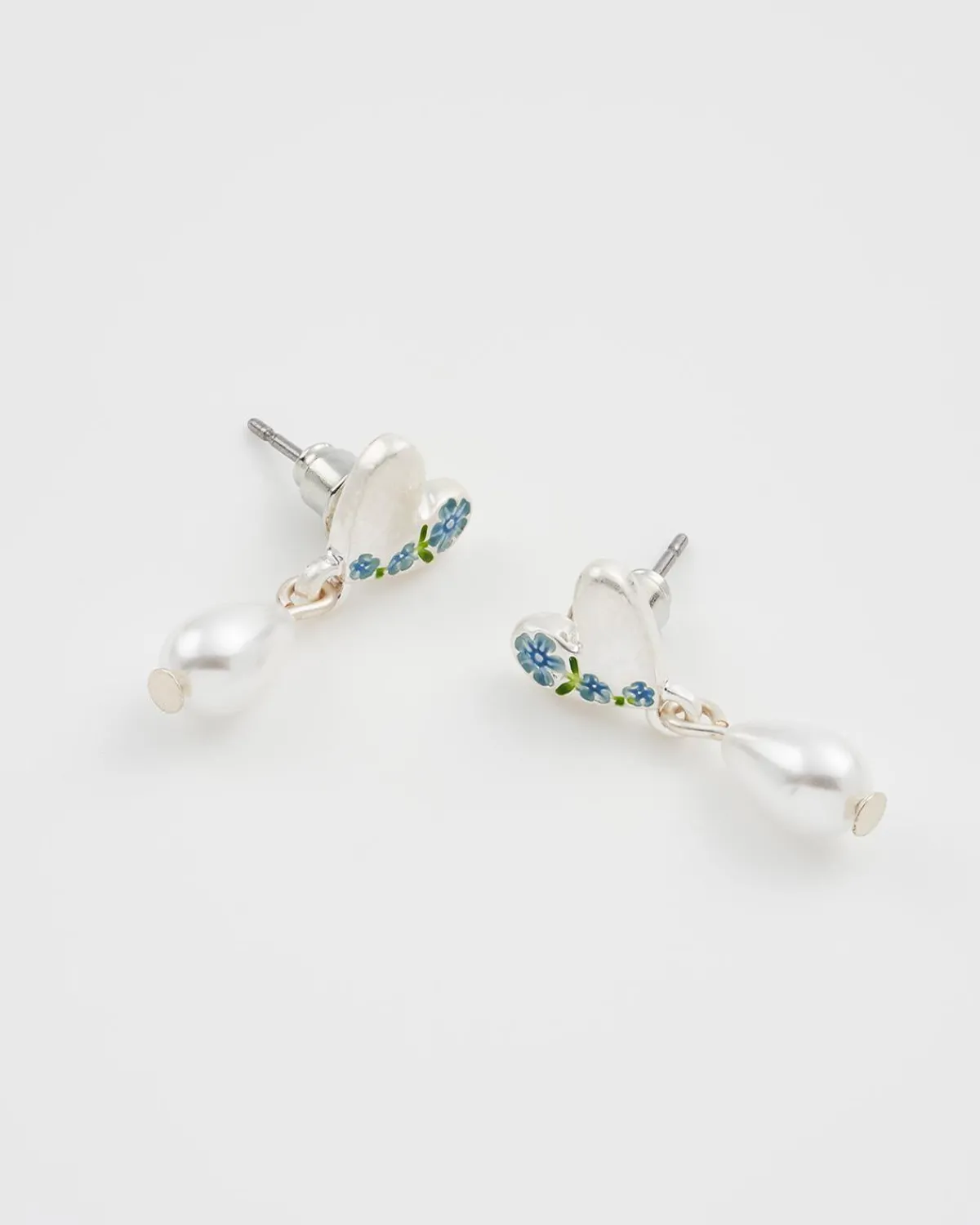 Silver Jewelry|Earrings-Fable England Forget Me Not Heart & Pearl Silver Earrings