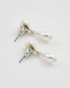 Silver Jewelry|Earrings-Fable England Forget Me Not Heart & Pearl Silver Earrings