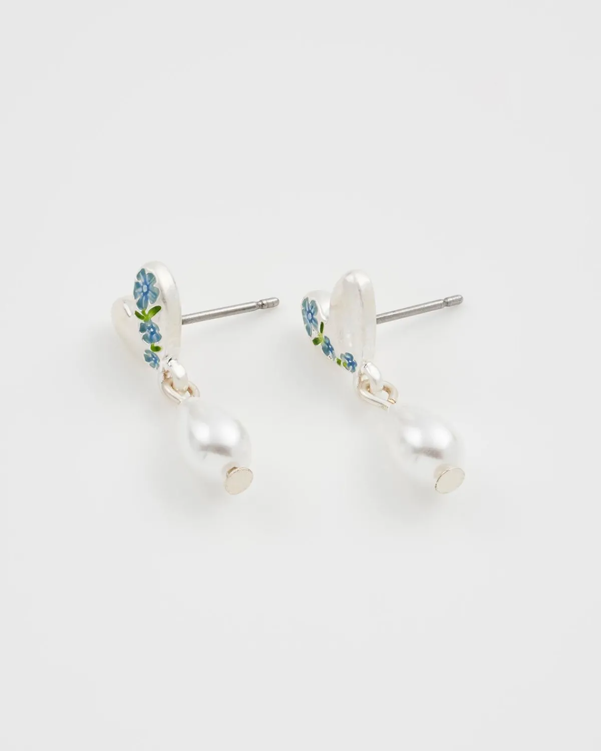Silver Jewelry|Earrings-Fable England Forget Me Not Heart & Pearl Silver Earrings