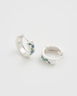 Silver Jewelry|Earrings-Fable England Forget Me Not Silver Mini Hoop Earrings