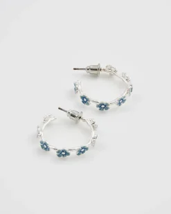Silver Jewelry|Earrings-Fable England Forget Me Not Silver Stud Hoop Earrings