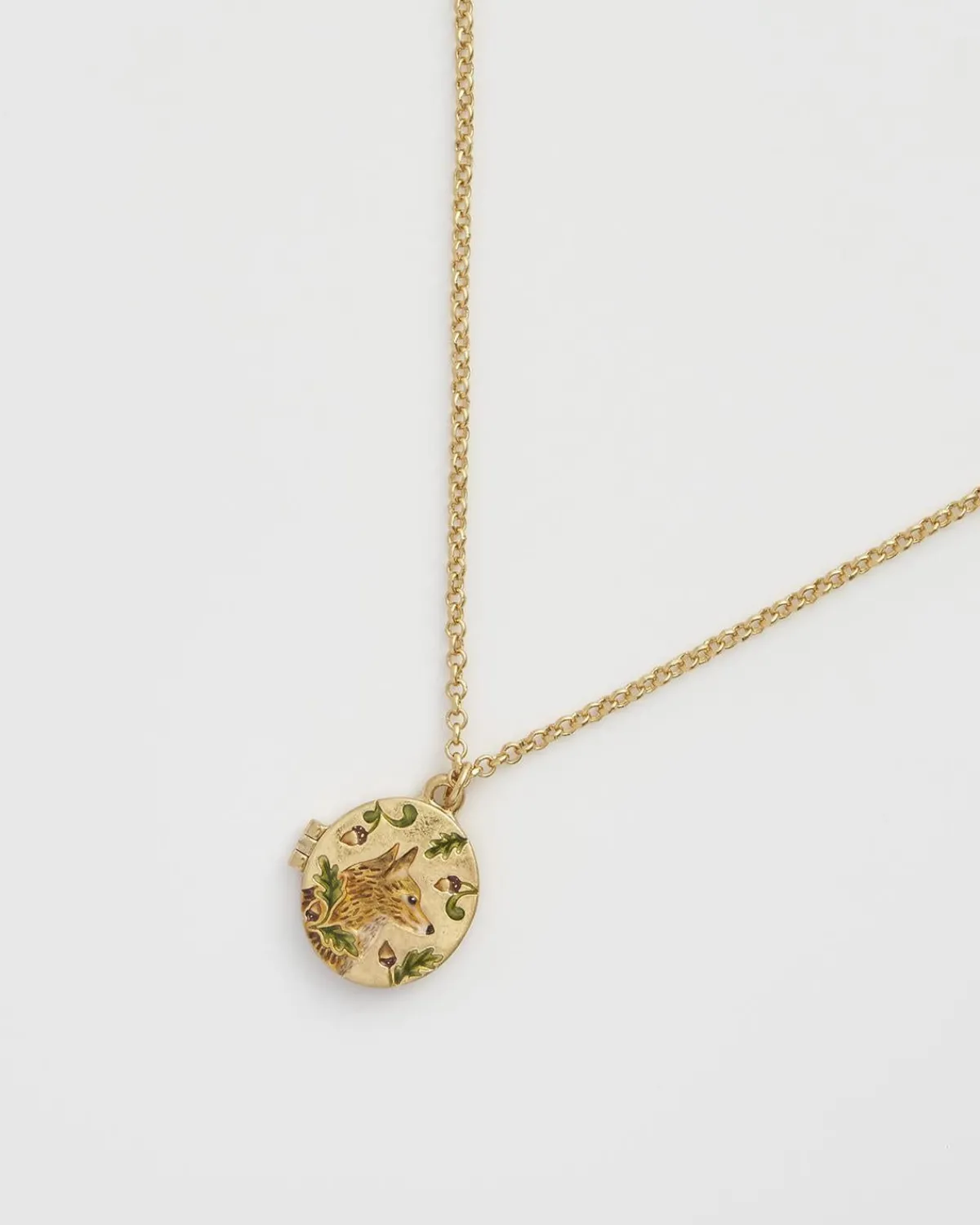 Necklaces|Lockets-Fable England Fox & Acorn Oval Chain Locket Necklace