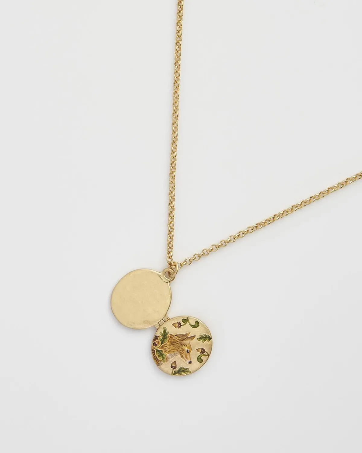Necklaces|Lockets-Fable England Fox & Acorn Oval Chain Locket Necklace