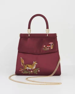 Clutch & Evening Bags|Tote Bags-Fable England Fox & Mushroom Burgundy Embroidered Satin Tote