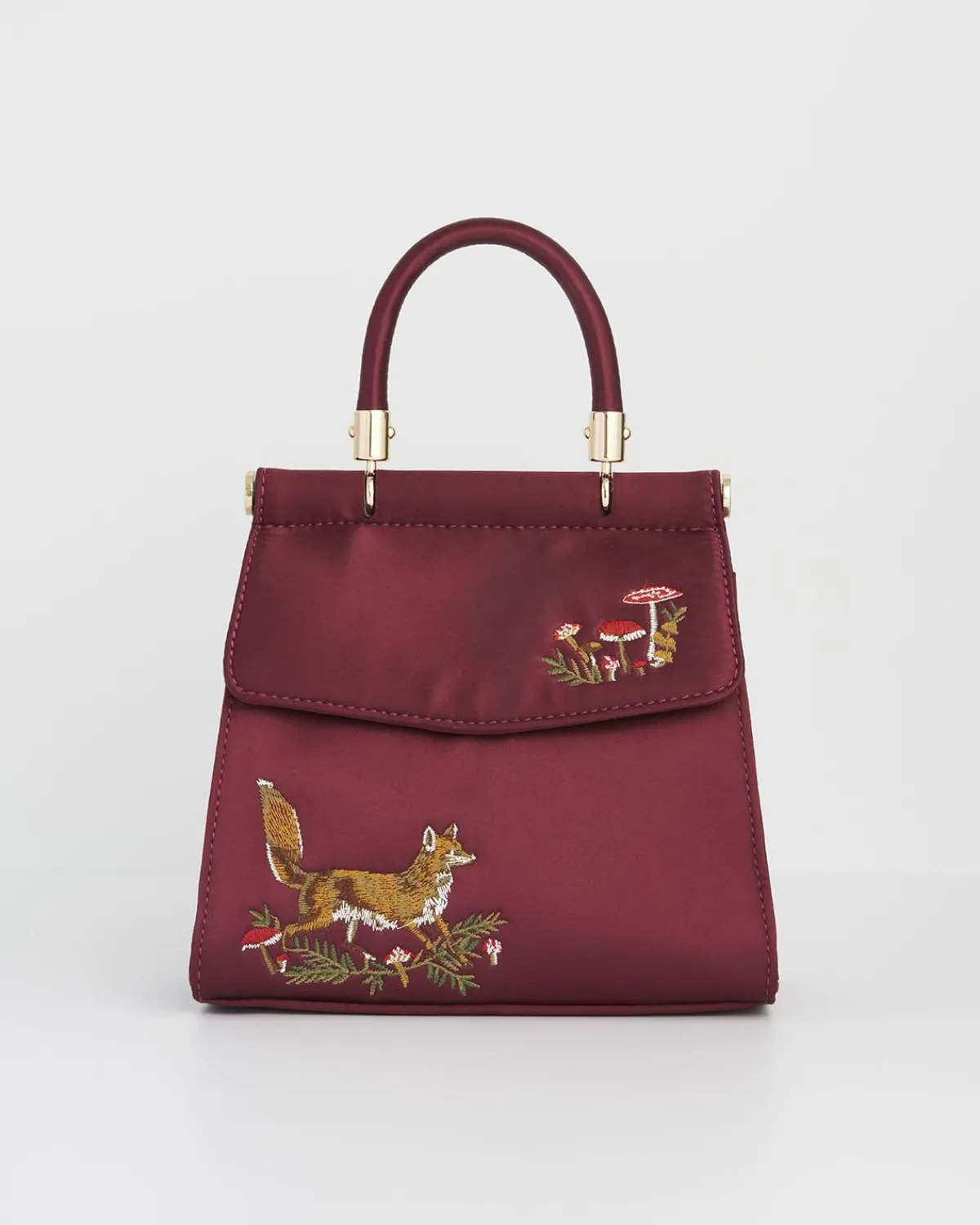 Clutch & Evening Bags|Tote Bags-Fable England Fox & Mushroom Burgundy Embroidered Satin Tote