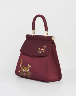 Clutch & Evening Bags|Tote Bags-Fable England Fox & Mushroom Burgundy Embroidered Satin Tote