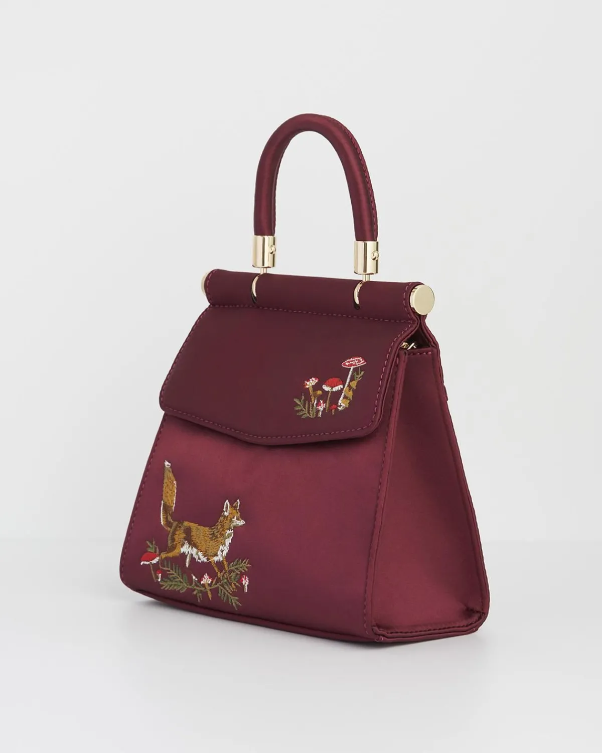 Clutch & Evening Bags|Tote Bags-Fable England Fox & Mushroom Burgundy Embroidered Satin Tote