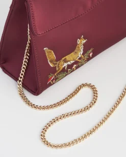 Clutch & Evening Bags|Tote Bags-Fable England Fox & Mushroom Burgundy Embroidered Satin Tote