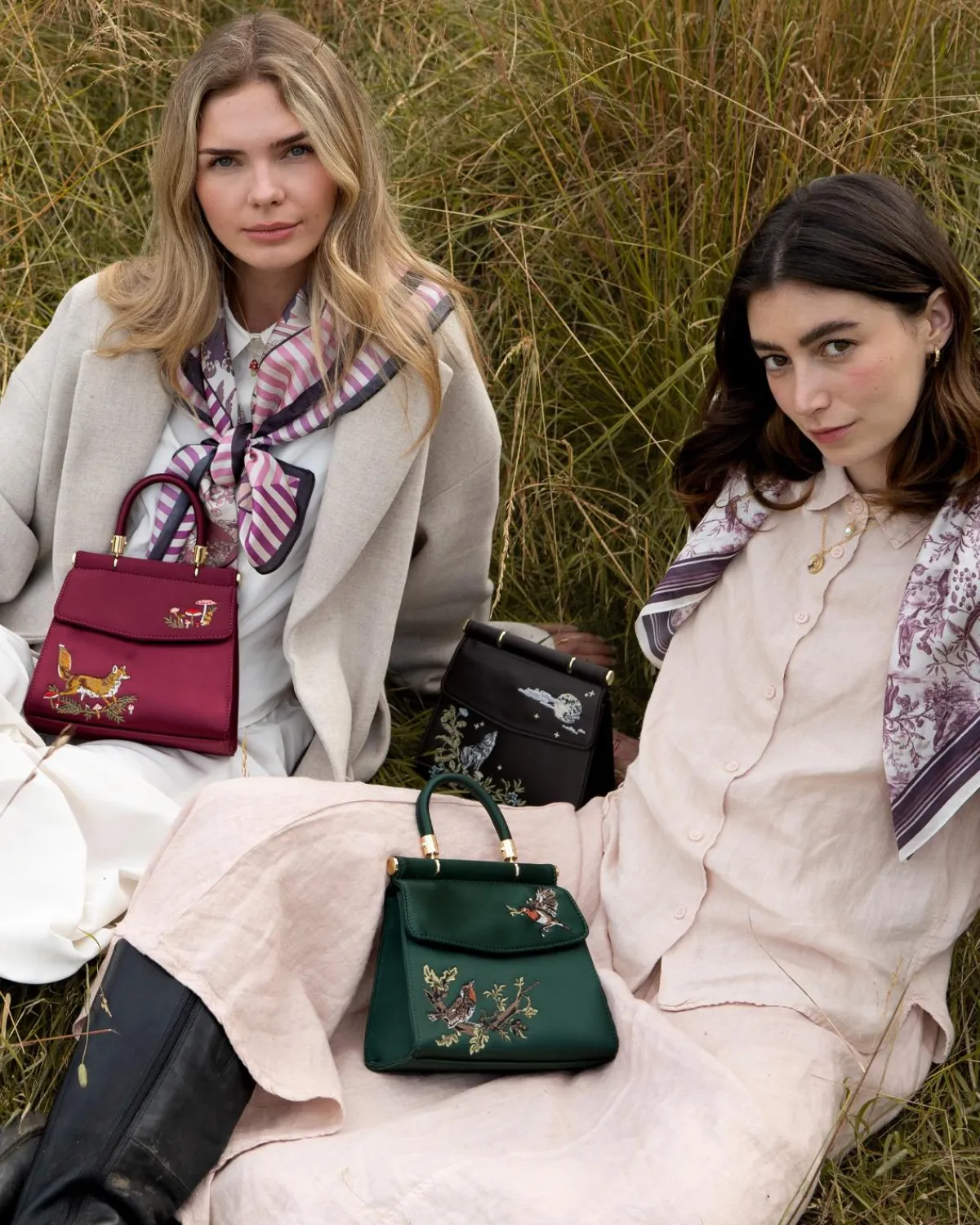 Clutch & Evening Bags|Tote Bags-Fable England Fox & Mushroom Burgundy Embroidered Satin Tote
