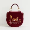 Embroidered Bags-Fable England Fox & Mushroom Embroidered Saddle Bag - Redcurrant Velvet